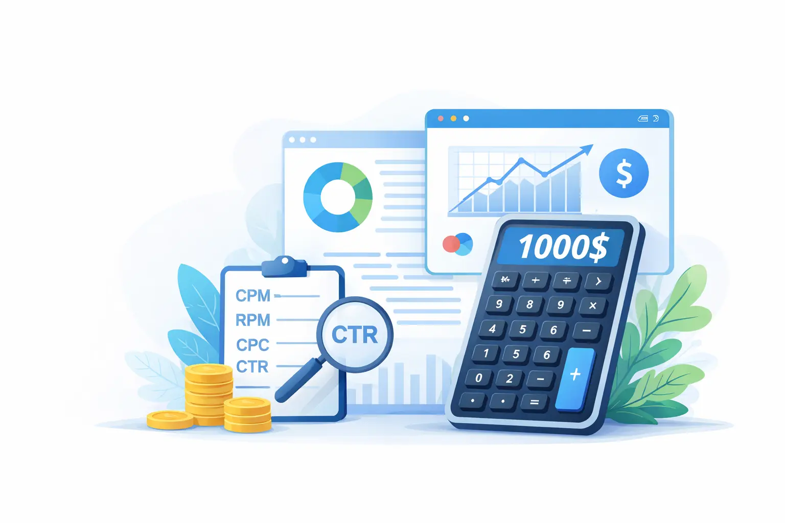 Advertising metrics illustration showing a CPM calculator with $1000, charts, and key metrics like CPM, RPM, CPC, and CTR