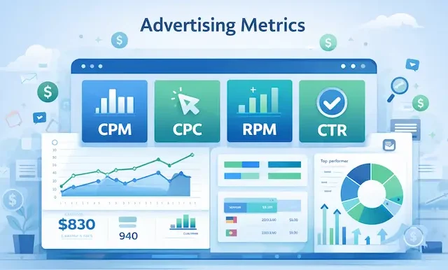 Advertising metrics dashboard showing CPM, CPC, RPM and CTR analytics
