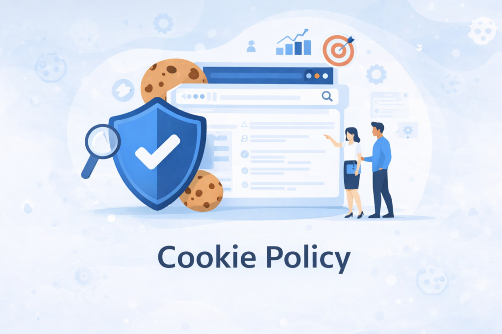 Cookie policy illustration showing website privacy, cookie usage, and data protection with security shield and browser interface