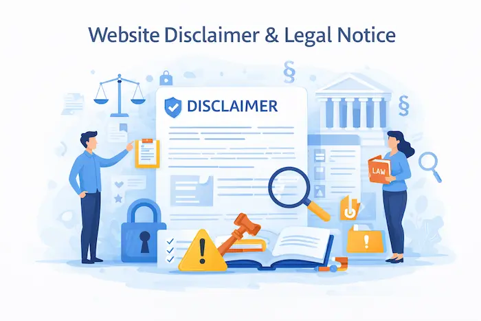 Website disclaimer illustration showing legal notice, user responsibility, and informational limitations for CPMCalculatorPro.com
