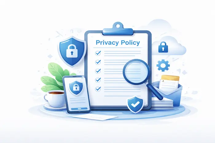 Privacy policy Website illustration showing a secure document with a lock, shield, and data protection icons
