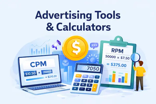 Advertising tools and revenue calculators illustration showing CPM calculator, RPM calculator, and advertising cost analysis dashboards.
