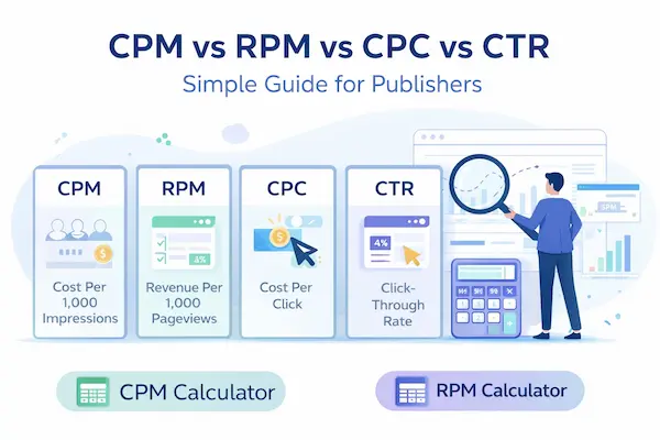 “Comparison graphic showing CPM vs RPM vs CPC vs CTR in a clean analytics dashboard style.”